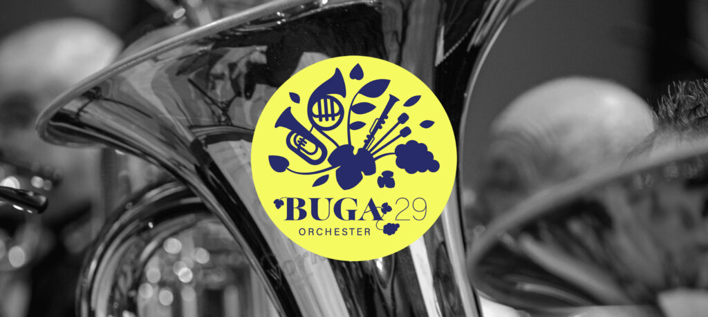 Ein Blechblasinstrument mit dem Logo des BUGA29-Orchesters