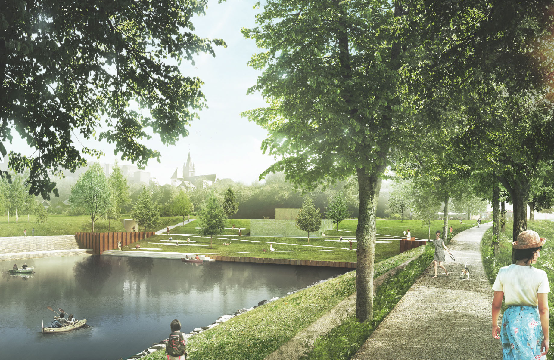 Visualisierung des zukünftigen Parks in der Stadt, zeigt Bäume, Wege und Freizeitmöglichkeiten für Besuchende