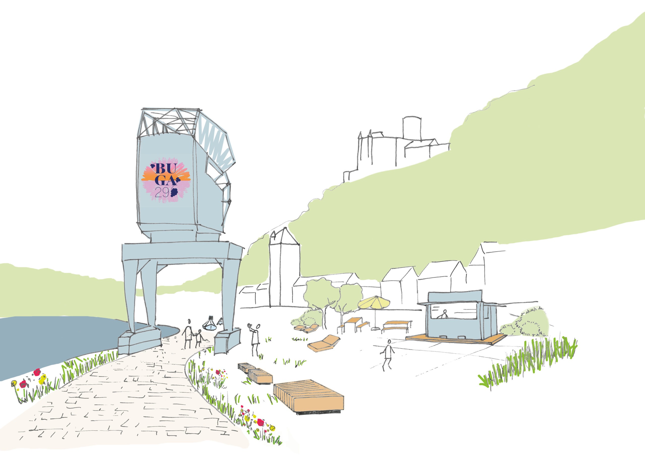 Illustration_Kran_2 Eine Zeichnung vom Kran in der Rhein-Landschaft