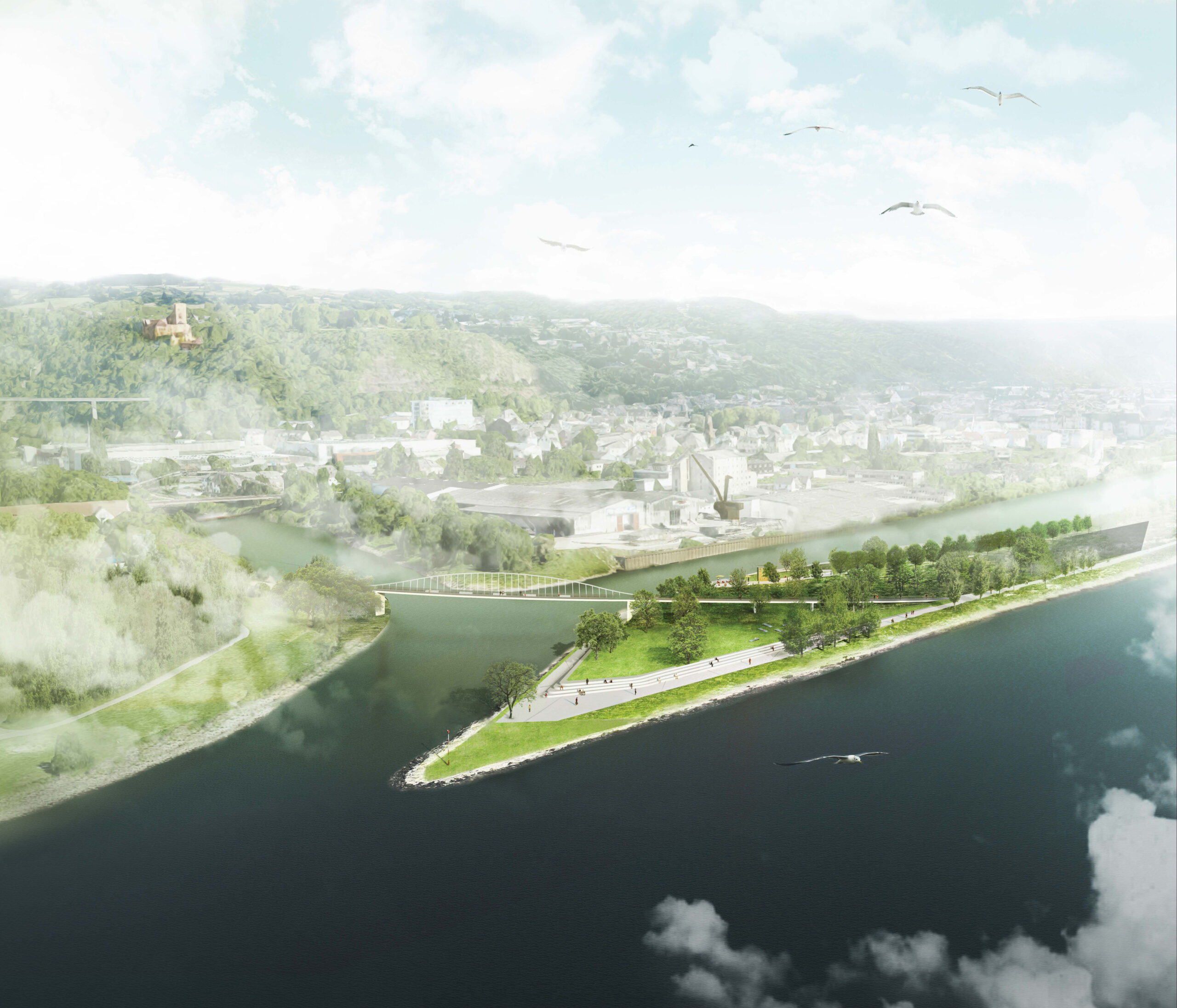 Visualisierung des BUGA-Parks Lahnstein aus der Vogelperspektive Visualisierung des BUGA-Parks Lahnstein am Rhein mit Grünflächen, Wegen und Fußgängerbrücke über die Lahn.